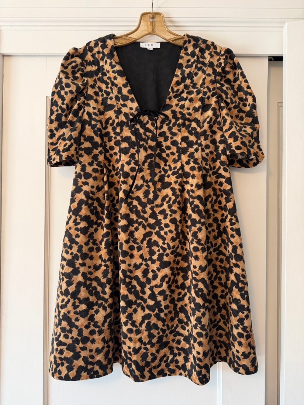 THML Leopard Print Mini Babydoll Dress in Tan and Black Corduroy